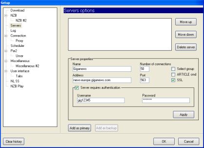 Alt.Binz Servers options – dla konta z szyfrowaniem SSL.